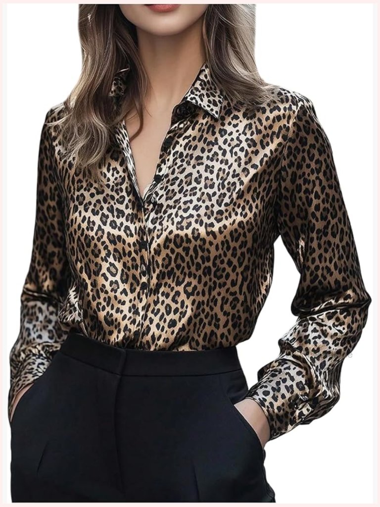 Leopard Print Button Down Long Sleeve Blouse